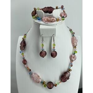 Necklace Bracelet & Earrings Pearls w/ Venetian Lampworked Glass‎ Jewelry Set